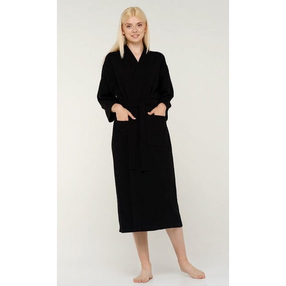Womens Long Waffle Kimono Lightweight Turkish Cotton Robe, Hotel Spa Bathrobe for Women - Adult - Unisex - Black - Small / Medium