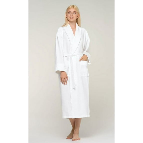 Womens Long Waffle Luxury Shawl Kimono Lightweight Turkish Cotton Robe, Hotel Spa Bathrobe for Women - Adult - Unisex - White - Small / Medium