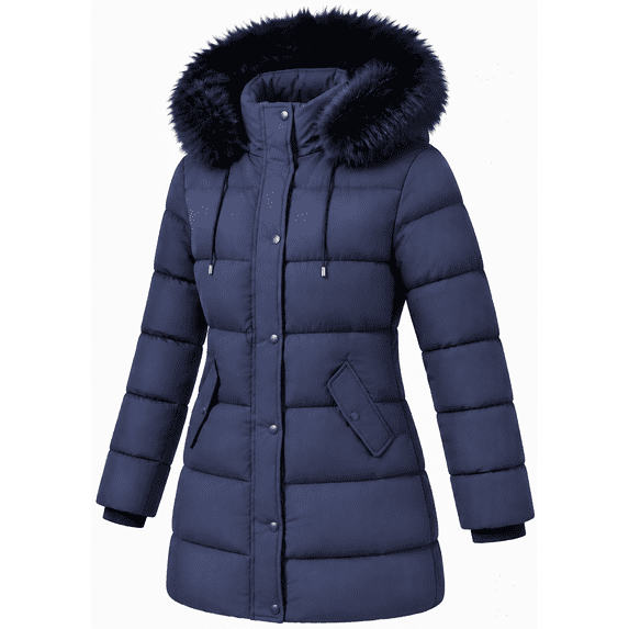 Womens Long Winter Coats - Cozy Long Puffer Coats for Women Wind & Water Resistant Hooded Quilted Jackets for Women, Navy L