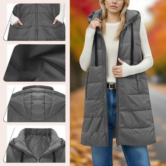 Womens Long Winter Vests Outerwear Quilted Puffer Jackets with Hood Stand Collar Cold Weather Coats Travel Outfits New Plus Size Jackets for Women Dark Gray XXL