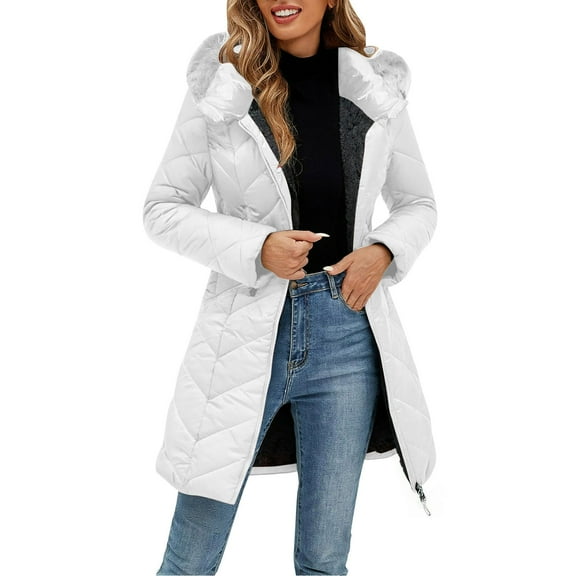 Womens Long Winter Warm Coat Fleece Lined Puffer Jackets with Hood Zip up Windproof Thicken Quilted Outerwear New Plus Size Jacket for Women White XL