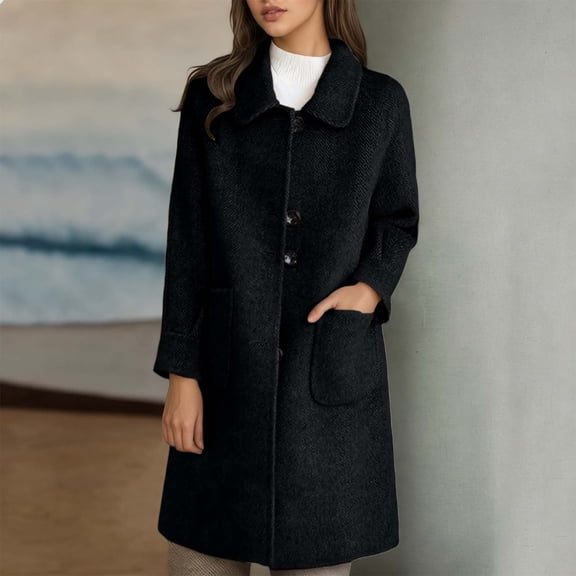 Womens Long Wool Blend Coat Single Breasted Trench Coat (Black XXL)