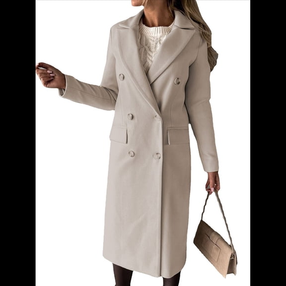 Womens Long Wool Coat Double Breasted Trench Coat Fall Winter Clothes Beige XL