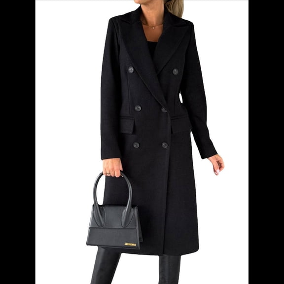 Womens Long Wool Coat Double Breasted Trench Coat Fall Winter Clothes Black L