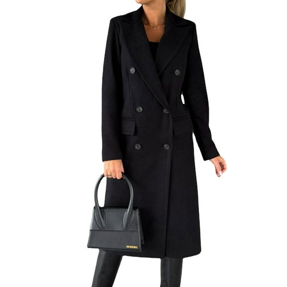 Womens Long Wool Coat Double Breasted Trench Coat Fall Winter Clothes Black XXL