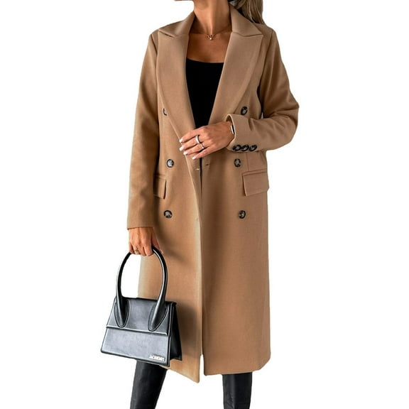 Womens Long Wool Coat Double Breasted Trench Coat Fall Winter Clothes Khaki L