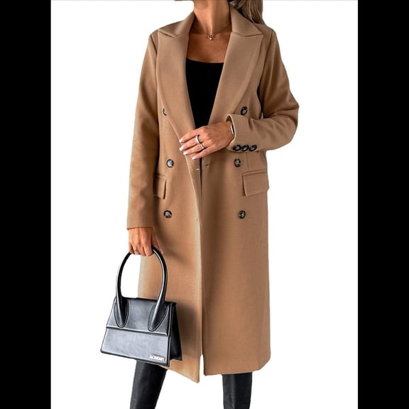 Womens Long Wool Coat Double Breasted Trench Coat Fall Winter Clothes Khaki S
