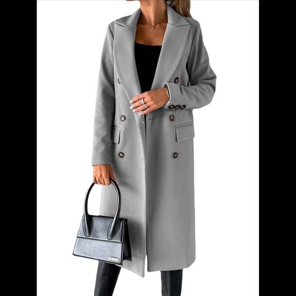 Womens Long Wool Coat Double Breasted Trench Coat Fall Winter Clothes Light Gray M