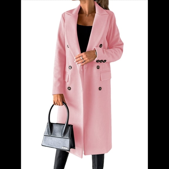 Womens Long Wool Coat Double Breasted Trench Coat Fall Winter Clothes Pink M
