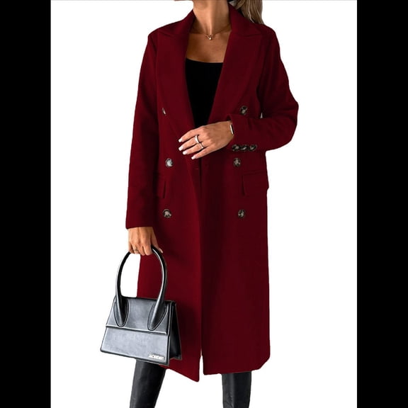 Womens Long Wool Coat Double Breasted Trench Coat Fall Winter Clothes Wine Red S