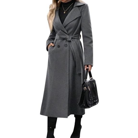 Womens Long Wool Coats Fall Winter Double Breasted Trench Coat Peacoat Dark Gray L