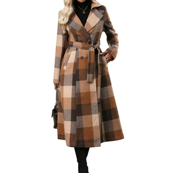 Womens Long Wool Coats Fall Winter Double Breasted Trench Coat Peacoat Grid M