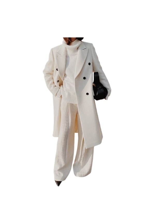 Womens Long Wool Coats Fall Winter Double Breasted Trench Coat Peacoat White L