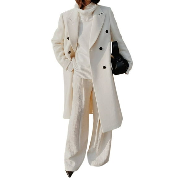 Womens Long Wool Coats Fall Winter Double Breasted Trench Coat Peacoat White XL