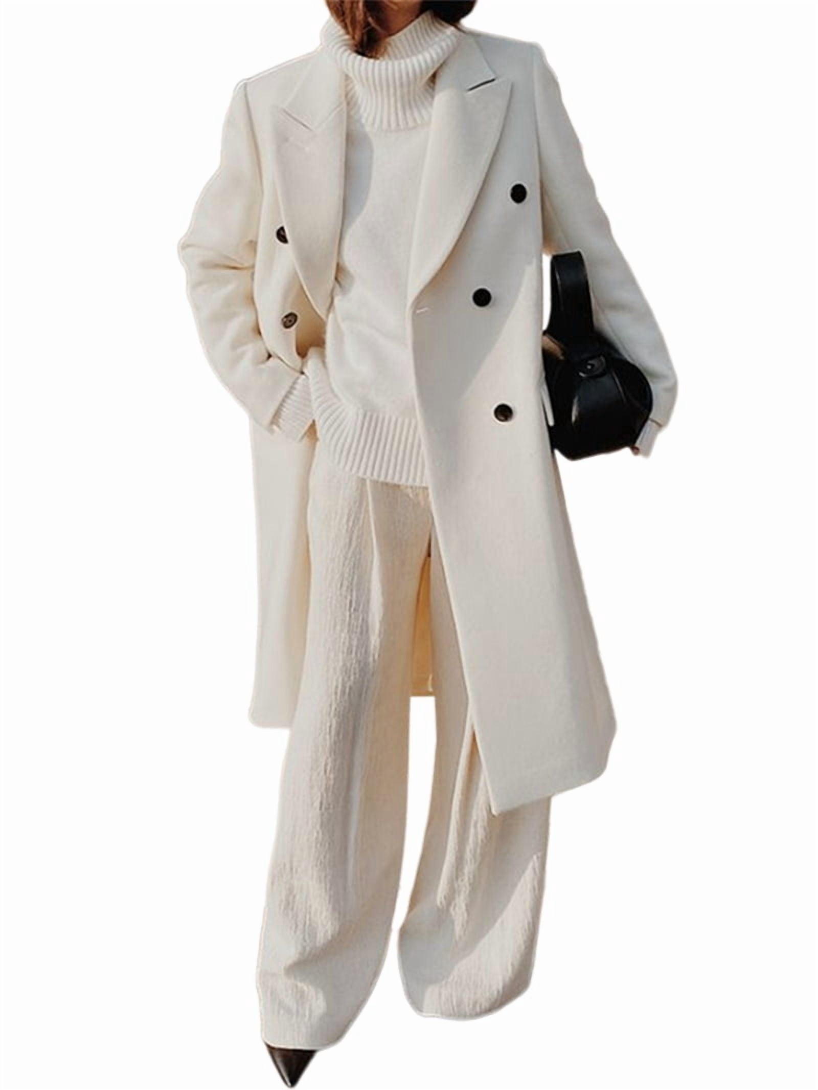 Womens Long Wool Coats Fall Winter Double Breasted Trench Coat Peacoat White XXL