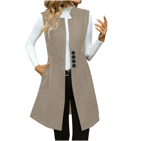 Womens Long Wool Vest Fall Winter Single Breasted Sleeveless Blazer Jackets Elegant Slim Fit Waistcoat Coat with Pockets