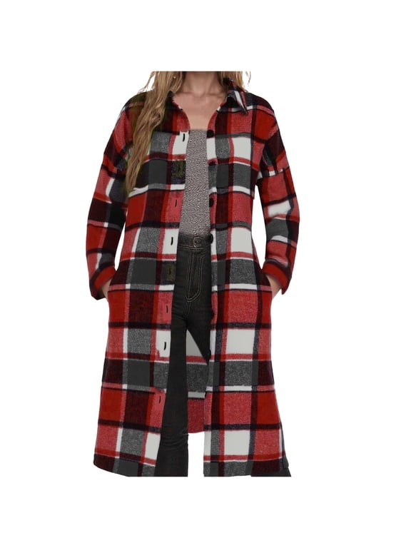 Womens Long Woolen Coat Flannel Plaid Jacket Shackets Mid Length Button Down Fall Winter Casual Outerwear (2XL, Red)