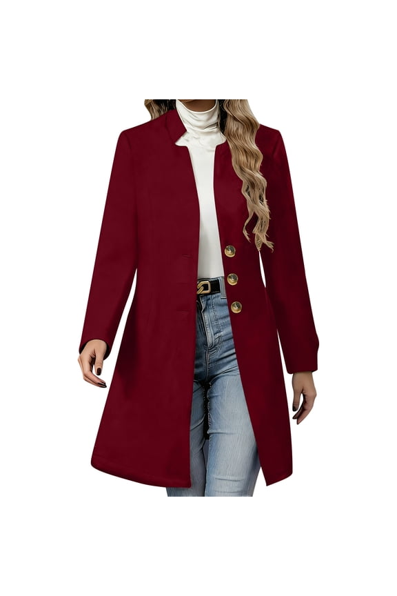 Womens Long Woolen Coat Notched Collaress Dressy Casual Trench Coat Mid Length Warm Winter Jackets with Pockets (M, Red)