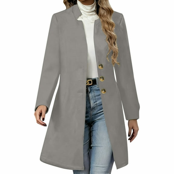 Womens Long Woolen Coat Notched Collaress Dressy Casual Trench Coat Mid Length Warm Winter Jackets with Pockets (XL, Gray)
