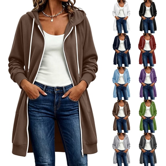 Womens Long Zip Up Hoodies Casual Loose Long-sleeved Color Bucket Pocket Long-sleeved Double-zipper Hooded Sweater Top