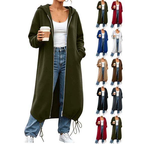 Womens Long Zip Up Hoodies Sweatshirt Solid Color Long Jacket Oversized Long Sleeve Warm Coats with Pockets Fashion Fall Winter