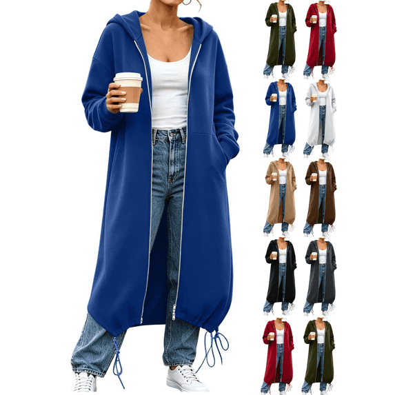 Womens Long Zip Up Hoodies Sweatshirt Solid Color Long Jacket Oversized Long Sleeve Warm Coats with Pockets Fashion Fall Winter