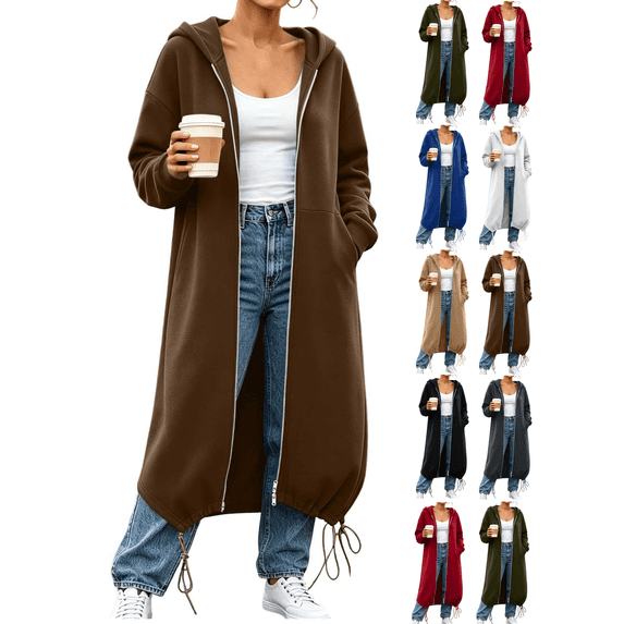 Womens Long Zip Up Hoodies Sweatshirt Solid Color Long Jacket Oversized Long Sleeve Warm Coats with Pockets Fashion Fall Winter