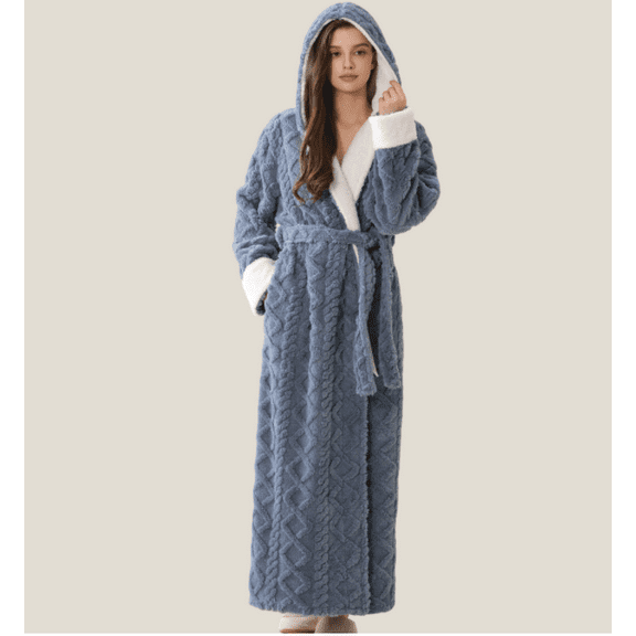 Womens Long plush Fleece Robe: ladies Soft Fluffy Jacquard Warm Hooded Shower Bathrobe
