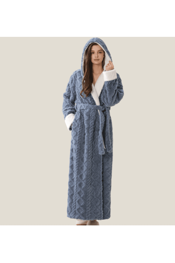 Womens Long plush Fleece Robe: ladies Soft Fluffy Jacquard Warm Hooded Shower Bathrobe