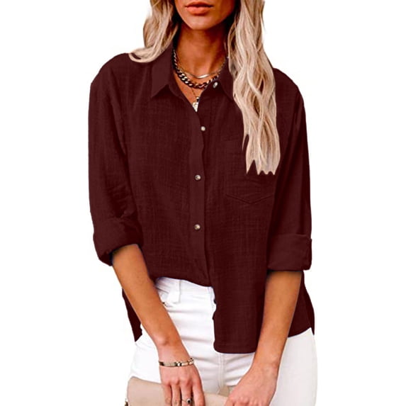 Womens Long-sleeved Shirt, Casual Ladies Plus Size Bottom Down Lapel Cotton Tops Shirts for Summer Autumn(Dark Wine,S-5XL)