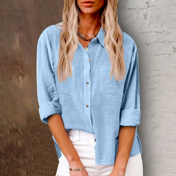 Womens Long-sleeved Shirt, Casual Ladies Plus Size Bottom Down Lapel Cotton Tops Shirts for Summer Autumn(Light Blue,S-5XL)