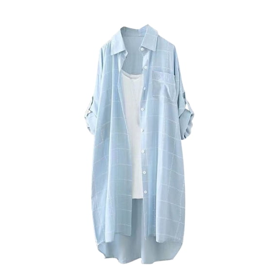 Womens Longline Blouse Plus Size Trendy Women's Lapel Collar Blouse Casual Loose Baggy Work Tunic Tops Long Sleeve Shirt Summer Clothing