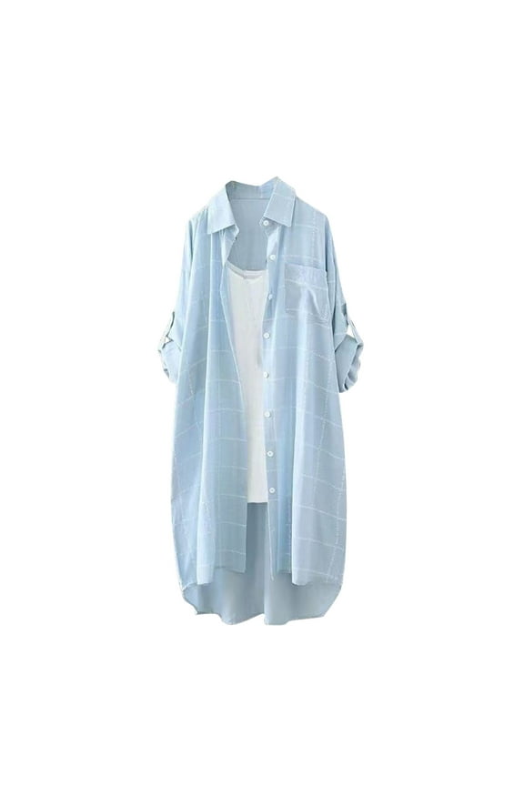 Womens Longline Blouse Plus Size Trendy Women's Lapel Collar Blouse Casual Loose Baggy Work Tunic Tops Long Sleeve Shirt Summer Clothing