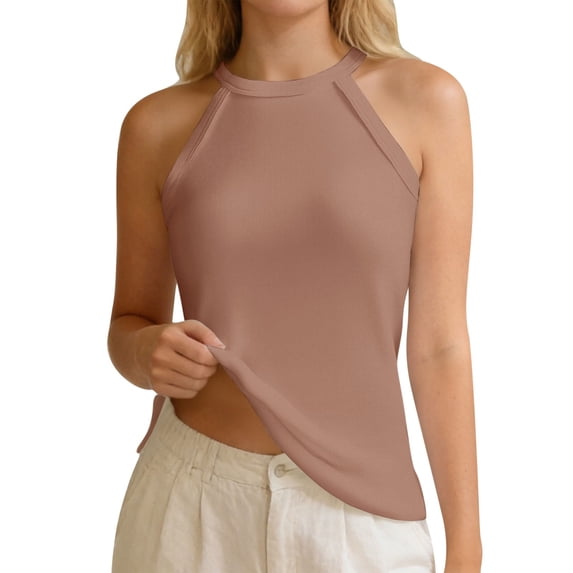 Womens Longline Ribbed Built in Bra Camisole Tank Top Slim Fit Sleeveless Layering Undershirt Solid Crew Neck Undershirt Khaki M