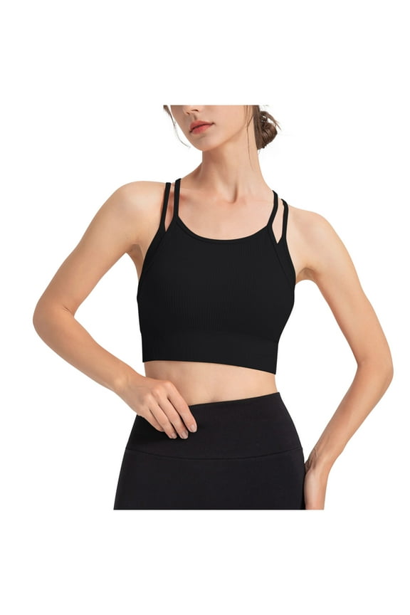 Womens Longline Seamless Ribbed Sports Bras - Wirefree Camisoles Racerback Yoga Bra Spaghetti Strap Crop Tank Tops