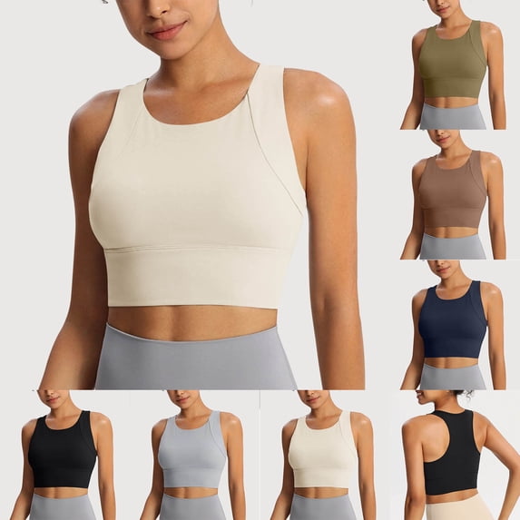 Womens Longline Sports Bra High Neck Medium Impact Crop Tops Racerback Workout Gym Bra Seamless Full Coverage Bras Padded Breathable Bra