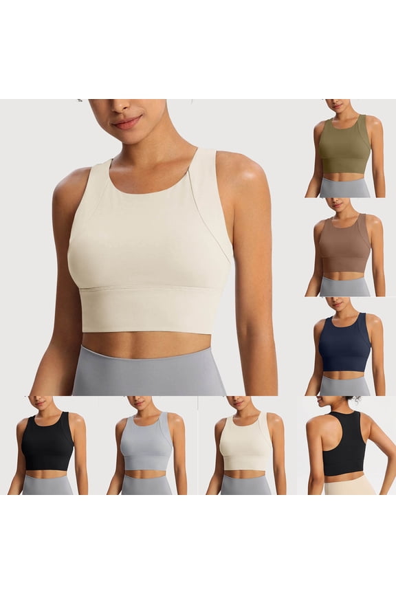 Womens Longline Sports Bra High Neck Medium Impact Crop Tops Racerback Workout Gym Bra Seamless Full Coverage Bras Padded Breathable Bra