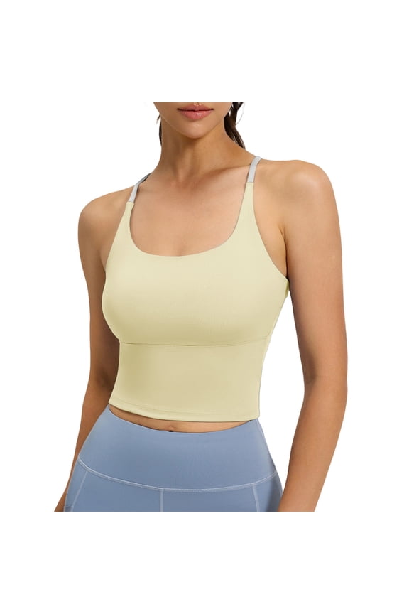 Womens Longline Sports Bras Cross Back Active Gym Yoga Padded Workout Crop Tank Top with Built in Bra V Neck Workout Tops For Women
