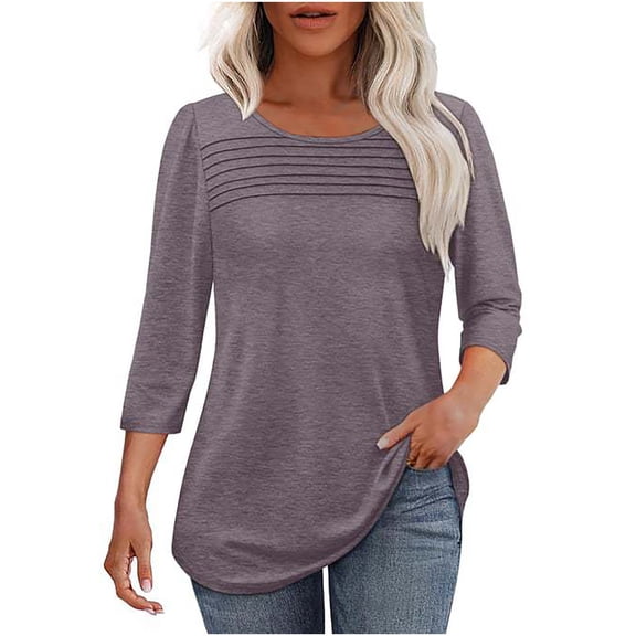 Womens Loose 3/4 Length Sleeves Tops Solid Color Round Neck Casual Blouses Outfits Pleated Front T Shirts Curved Hem