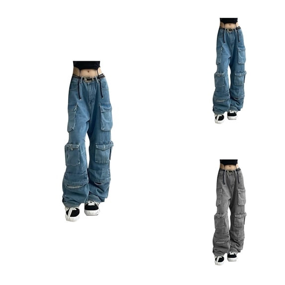 Womens Loose Adjustable Strap Gray Distressed Denim Bib Overall Jeans with Pocket Stitching Wide Leg Baggy Jumpsuit