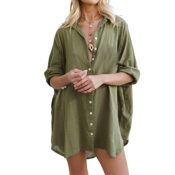 Womens Loose Bathing Suit Cover Ups, Beach Swimwear Button Down Shirt Dress Green L