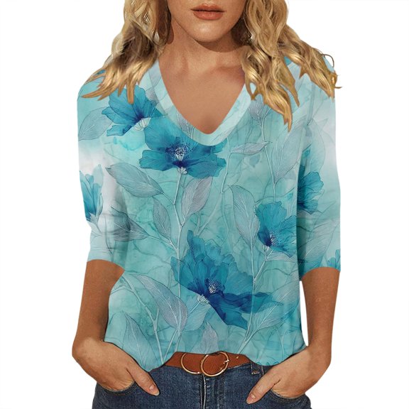 Womens Loose Blouses Floral V Neck Three Quarter Sleeve Casual Tee Summer Beach Sky Blue XXL