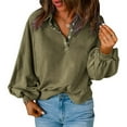 thumbnail image 1 of Womens Loose Button Down Blouse Solid Casual Trendy Cropped Pullover Tops Lapel Going Out Lightweight Sweatshirts Army Green XXL, 1 of 8