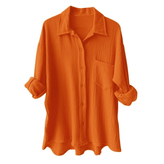 Womens Loose Button Down Blouse with Pockets - Long Sleeve V Neck Casual Shirt - Polyester, True to Size, US 6-16