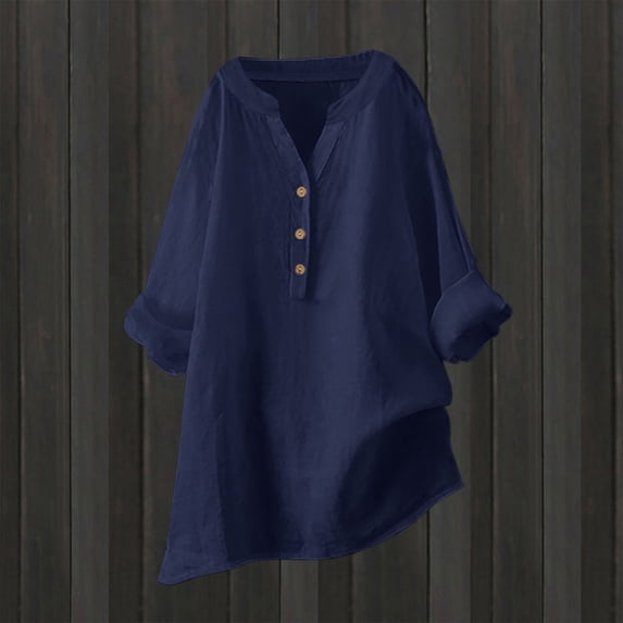 Womens Loose Buttons Down Blouse Tops Solid Casual Long Sleeve Shirt Blouse Woman Log Womens Solid Color Tops Women 3/4 Sleeve Tops And Blouses Sweater with Shirt for Women Tees Juniors Summer V Neck