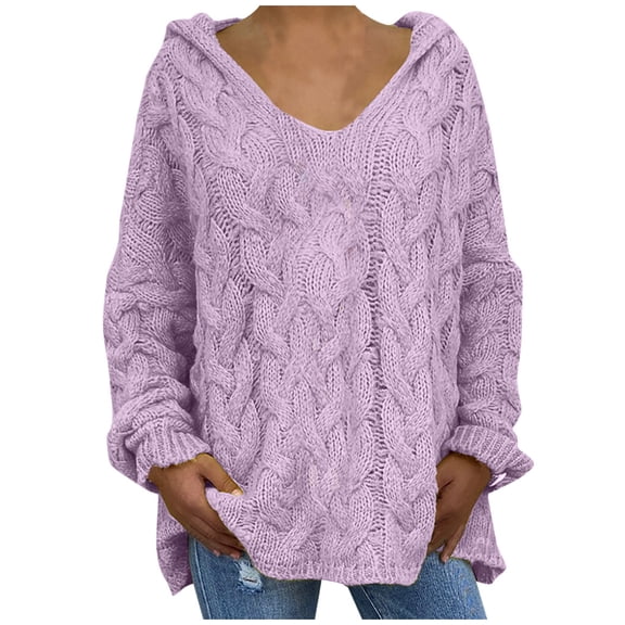 Womens Loose Cable Knit Hooded Sweaters V Neck Long Sleeve Pullover Warm Winter Coat