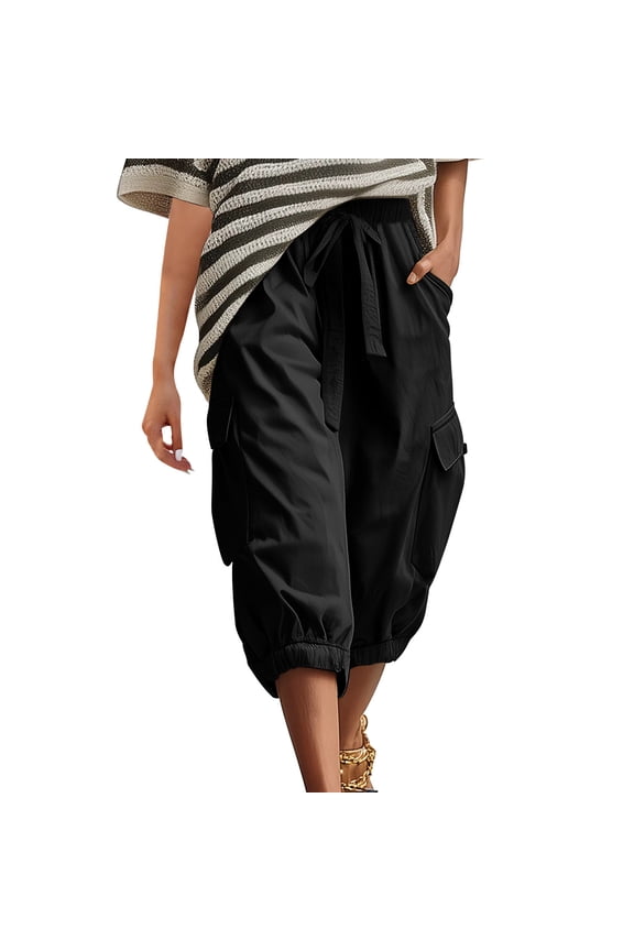 Womens Loose Cargo Capris Pants Summer Tapered Drawstring Elastic Waisted Harem Joggers Classic Workout Cropped Trousers Black