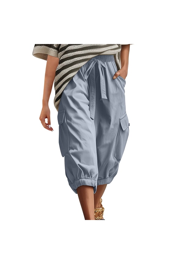 Womens Loose Cargo Capris Pants Summer Tapered Drawstring Elastic Waisted Harem Joggers Classic Workout Cropped Trousers Light Blue