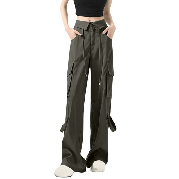 Womens Loose Cargo Pants Wide Leg High Waisted Straight Pants Casual Work Outfits Trousers Pockets,Green,S