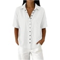 thumbnail image 1 of Womens Loose Casual Button Down Tops Fashion Casual Linen Solid Color Flared Open Front Short Sleeve Button-Up V-Neck Pocket Top Work-appropriate patterned tops, 1 of 6